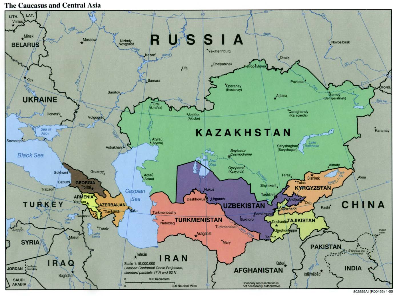 Political map of Central Asia and the Caucasus — Kazakhstan is classified as Central Asia, not the Middle East