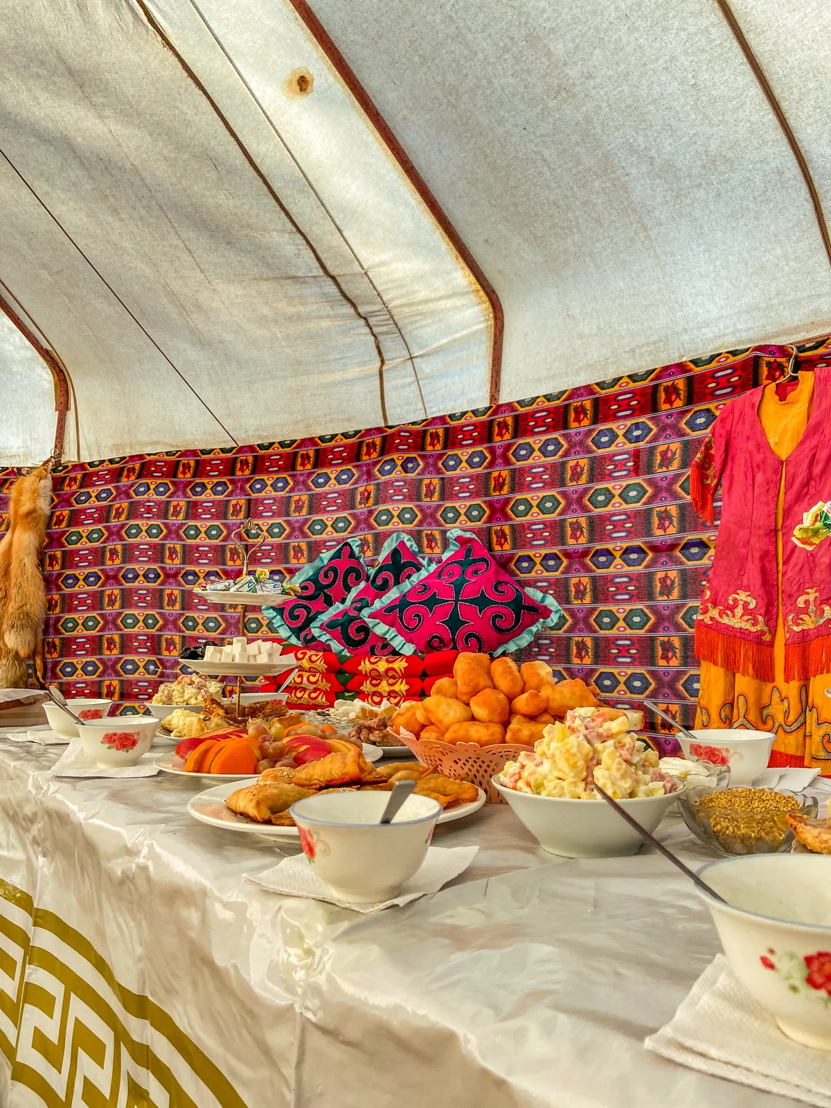 A table of traditional Kazakh dishes