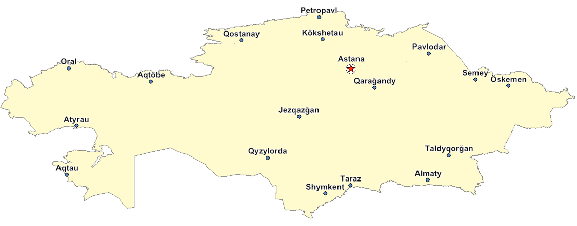Map showing the full outline and major cities of Kazakhstan — a country covering approximately 2.7 million square kilometres